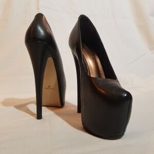Genuine Leather Black Platform High Heels, 6 1/4" Heel, Size 36, Made in Brazil